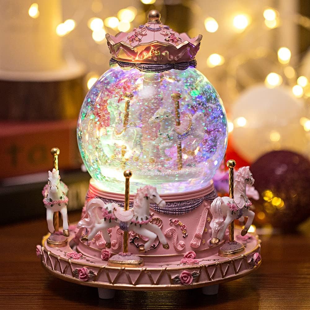 LOVE FOR YOU Gift Wrapped Music Box Carousel Horses Color Lights Unicorn Musical Snow Globe for Girls and Women Baby Kids Sister Daughter Mom Granddaughter Grandma Christmas...