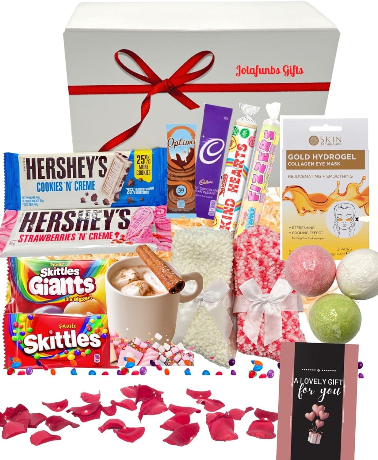 Pamper Set and Treats Gift Box Hamper With Bath Bombs, Cozy Bamboo Socks, gold collagen eye mask, Hot Chocolate, Hersheys chocolate, Skittles sweets, swizzle, Hamper Boxes... - Image 2
