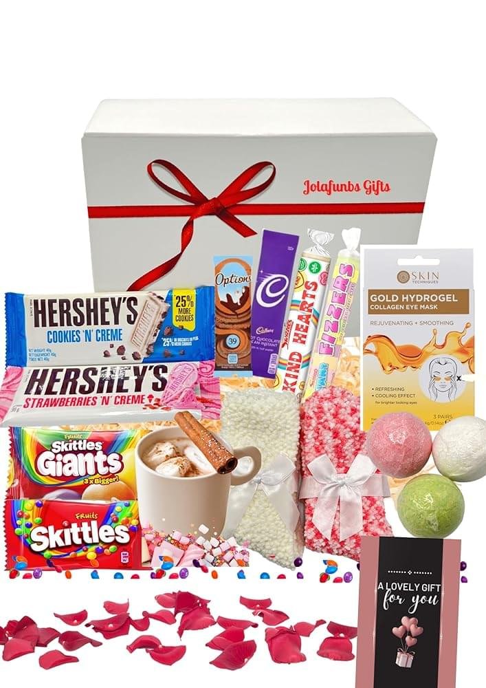 Pamper Set and Treats Gift Box Hamper With Bath Bombs, Cozy Bamboo Socks, gold collagen eye mask, Hot Chocolate, Hersheys chocolate, Skittles sweets, swizzle, Hamper Boxes...